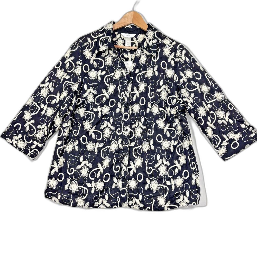 NWT CJ Banks‎ Button Down Top Women Plus 1X Black Floral Embroidered Career Chic